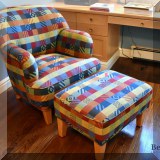 F16. Multi colored geometric upholstered club chair and ottoman. Chair: 36”h x 32”w x 35”d Ottoman: 17”h x27”w x 22”d 